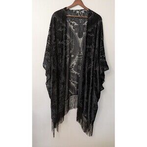 TORRID Kimono Velvet Burnout One Size Black Sheer Floral Fringe Whimsigoth Boho